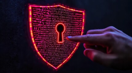 A glowing digital shield with binary code and a keyhole, symbolizing cybersecurity and data protection, with a human hand poised to interact.