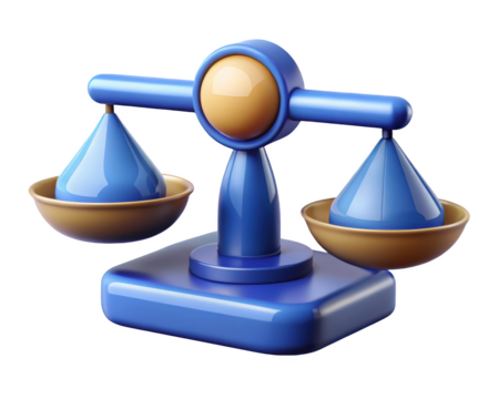 Blue and gold scales of justice rendered in 3d graphics displayed on background 3d illustration isolated on transparent background