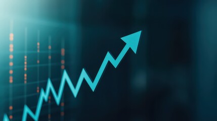 A blue upward arrow on a dark background symbolizes growth and progress, accompanied by a line chart indicating rising values or performance metrics.