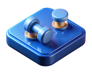Blue isometric dumbbell and pushpin on platform icon representing fitness and precision 3d illustration isolated on transparent background