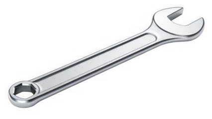 A single silver metal combination wrench isolated on transparent background