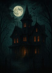 Fototapeta premium Eerie haunted house under moonlight.