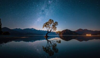 Lonely tree mirroring night sky