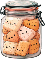 a jar of cute, kawaii-style cookies, with a white background and a clip art aesthetic