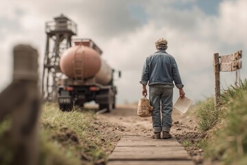 A man walking down a dirt road with a bucket of water in his hand
