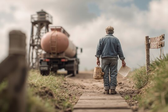 A man walking down a dirt road with a bucket of water in his hand