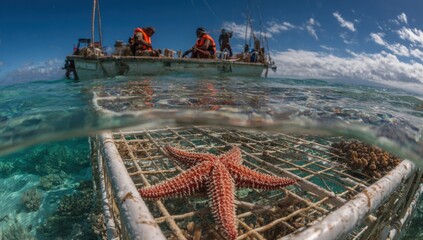 Divers working on a boat, coral reef, and a starfish