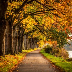 Autumnal path lined with golden trees