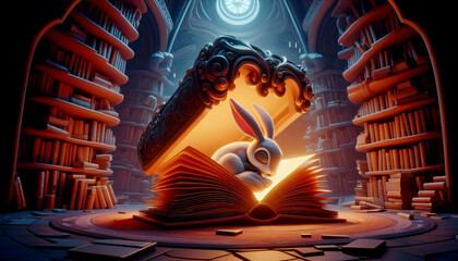A rabbit curled up in a glowing book with an open bookcase.