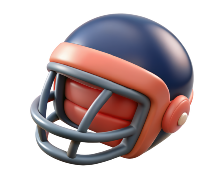 Cartoon football helmet in blue and orange sport gear for protection and safety 3d illustration isolated on transparent background