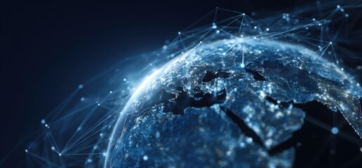 Global network visualization.  A digitally rendered globe, overlaid with a network of light lines and points