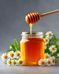 Golden honey drips from a wooden dipper into a jar surrounded by fresh flowers.