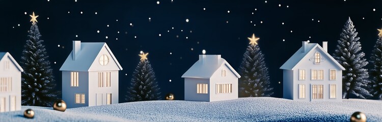 Fototapeta premium Winter Scene With White Houses and Pine Trees Under a Starry Sky at Night