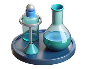 Cartoon science lab still life featuring beaker and chemical bottle 3d illustration isolated on transparent background