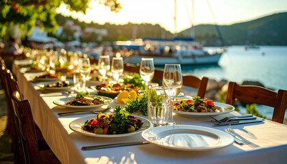 Fototapeta premium Greek seaside tavern table set on a sunny port with traditional food