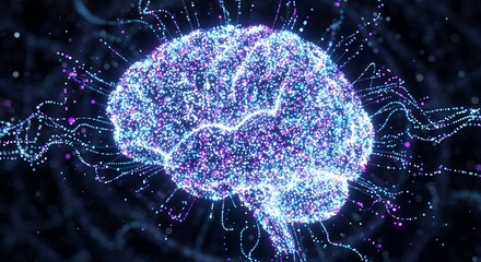 Abstract digital brain formed by glowing particles with connections on dark background, concept for artificial intelligence, data analysis and neural network development