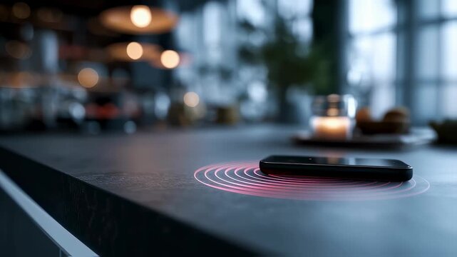 Closeup medium shot of a modern smart table featuring wireless charging and LED indicators main object in sharp focus with blurred surroundings creating techcentric ambiance.