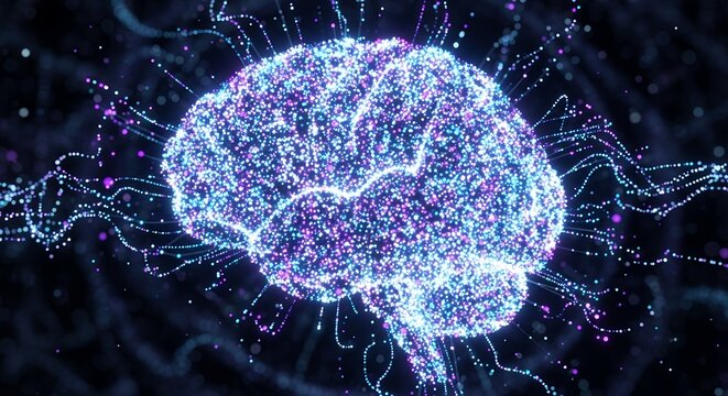 Abstract digital brain formed by glowing particles with connections on dark background, concept for artificial intelligence, data analysis and neural network development