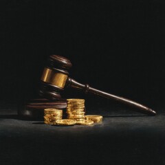 Judge's gavel and gold coins on dark background