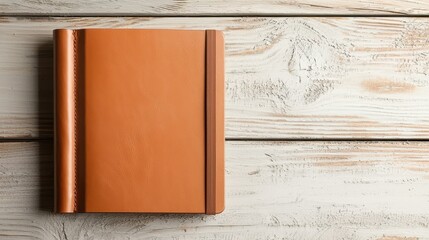 A sleek, brown leather notebook rests on a rustic wooden surface, showcasing a warm, inviting aesthetic for writing or journaling.