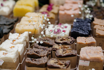 Natural handmade soap with various additives and flavors