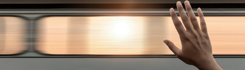 A hand reaches out towards a speeding train, symbolizing farewell or longing against a backdrop of motion and sunset light.