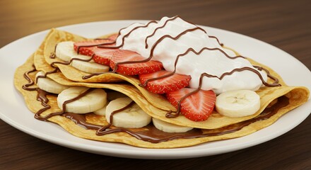 Crepes with Strawberries and Bananas on a Plate