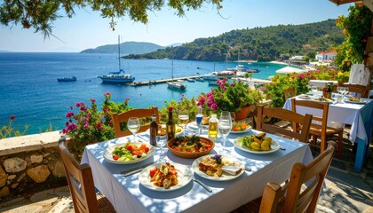 Obraz premium Greek seaside tavern table set on a sunny port with traditional food
