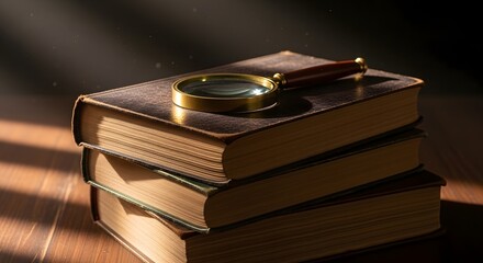 A stack of old books with a magnifying glass resting on top, illuminated by dramatic light rays.