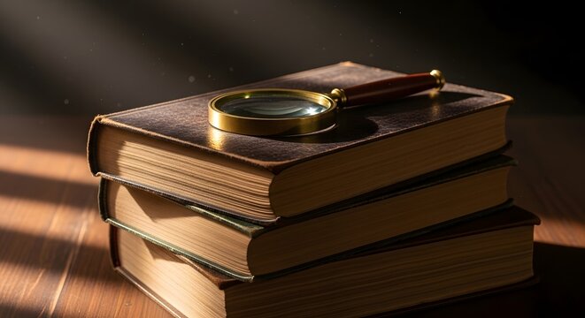 A stack of old books with a magnifying glass resting on top, illuminated by dramatic light rays. - Powered by Adobe