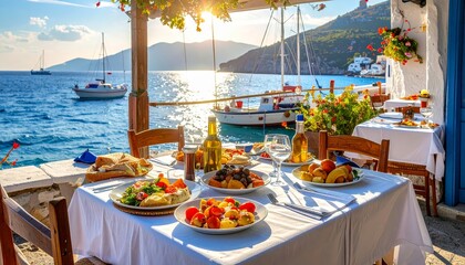 Naklejka premium Greek seaside tavern table set on a sunny port with traditional food