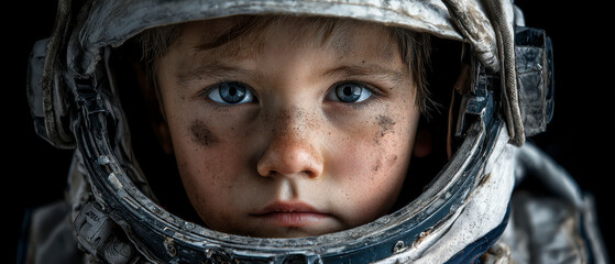 Young astronaut covered in dust in space helmet