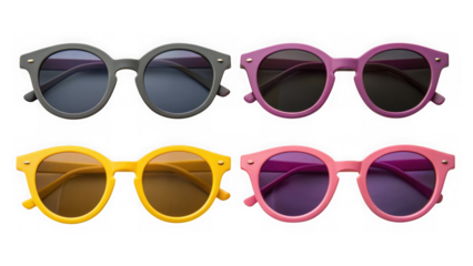 Four pairs of round sunglasses in different colors isolated on a transparent background