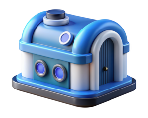 Cartoonish house 3d model whimsical architecture building blue facade design with round windows 3d illustration isolated on transparent background