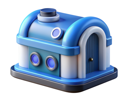 Cartoonish house 3d model whimsical architecture building blue facade design with round windows 3d illustration isolated on transparent background