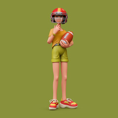 3d rendering of stylized thoughtful asian teen girl in casual clothes yellow t-shirt, red sports helmet, holding american football ball, standing touching chin with hand, thinking on green background.