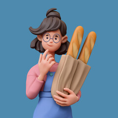 3d rendering portrait of cute stylized thoughtful asian brunette girl in glasses, casual fashion clothes, holding paper bag with baguettes, shopping touches chin with hand thinking on blue background.