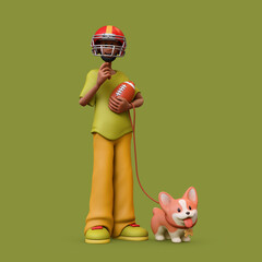 3d rendering of stylized thoughtful bearded african guy in red sports helmet, holding american football ball, standing touching chin with hand, thinking, holding corgi dog on leash on green background