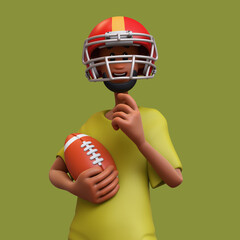 3d rendering portrait of cute stylized thoughtful bearded african guy in casual clothes, t-shirt, red sports helmet, holding american football ball, touching chin with hand, thinking, green background