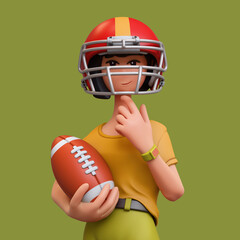 3d rendering portrait of stylized thoughtful asian teen girl in casual clothes yellow t-shirt, red sports helmet, holding american football ball, touching chin with hand, thinking on green background.