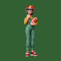 3d rendering of cute stylized thoughtful asian girl in casual fashion clothes overalls, red sports helmet holding american football ball standing touching chin with hand, thinking on green background.