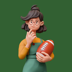3d rendering portrait of cute stylized thoughtful asian brunette girl in red glasses, casual clothes, overalls, holding american football ball, touching chin with hand, thinking on green background.