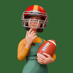 3d rendering portrait of cute stylized thoughtful asian girl in casual fashion clothes, overalls, red sports helmet holding american football ball touching chin with hand, thinking on green background