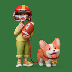 3d rendering of stylized thoughtful asian child girl in red sports helmet, holding american football ball, standing touching chin with hand, thinking, holding corgi dog on leash on green background.