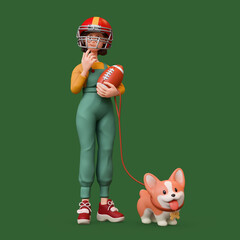 3d rendering of stylized thoughtful asian teen girl in overalls, red sports helmet holding american football ball standing touching chin with hand, thinking holding corgi dog on leash green background