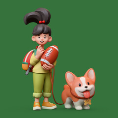 3d rendering of stylized thoughtful asian child girl with school backpack, holding american football ball, standing touching chin with hand, thinking, holding corgi dog on leash on green background.