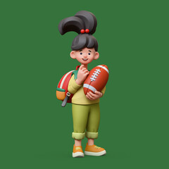 3d rendering of stylized thoughtful asian child girl in casual clothes pullover with red school backpack, holding american football ball, standing touching chin with hand, thinking on green background
