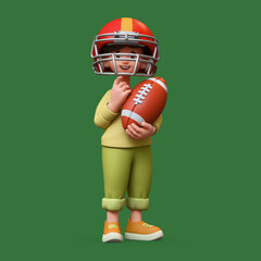 3d rendering of cute stylized thoughtful asian child girl in casual clothes, pullover, red sports helmet holding american football ball, standing touching chin with hand, thinking on green background.