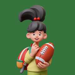 3d rendering portrait of cute stylized thoughtful asian child girl in casual clothes pullover with school backpack, holding american football ball, touching chin with hand, thinking, green background.