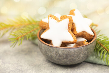 Cinnamon stars, Zimtsterne traditional german christmas cookies, gingerbread with anise spice for winter holidays 
